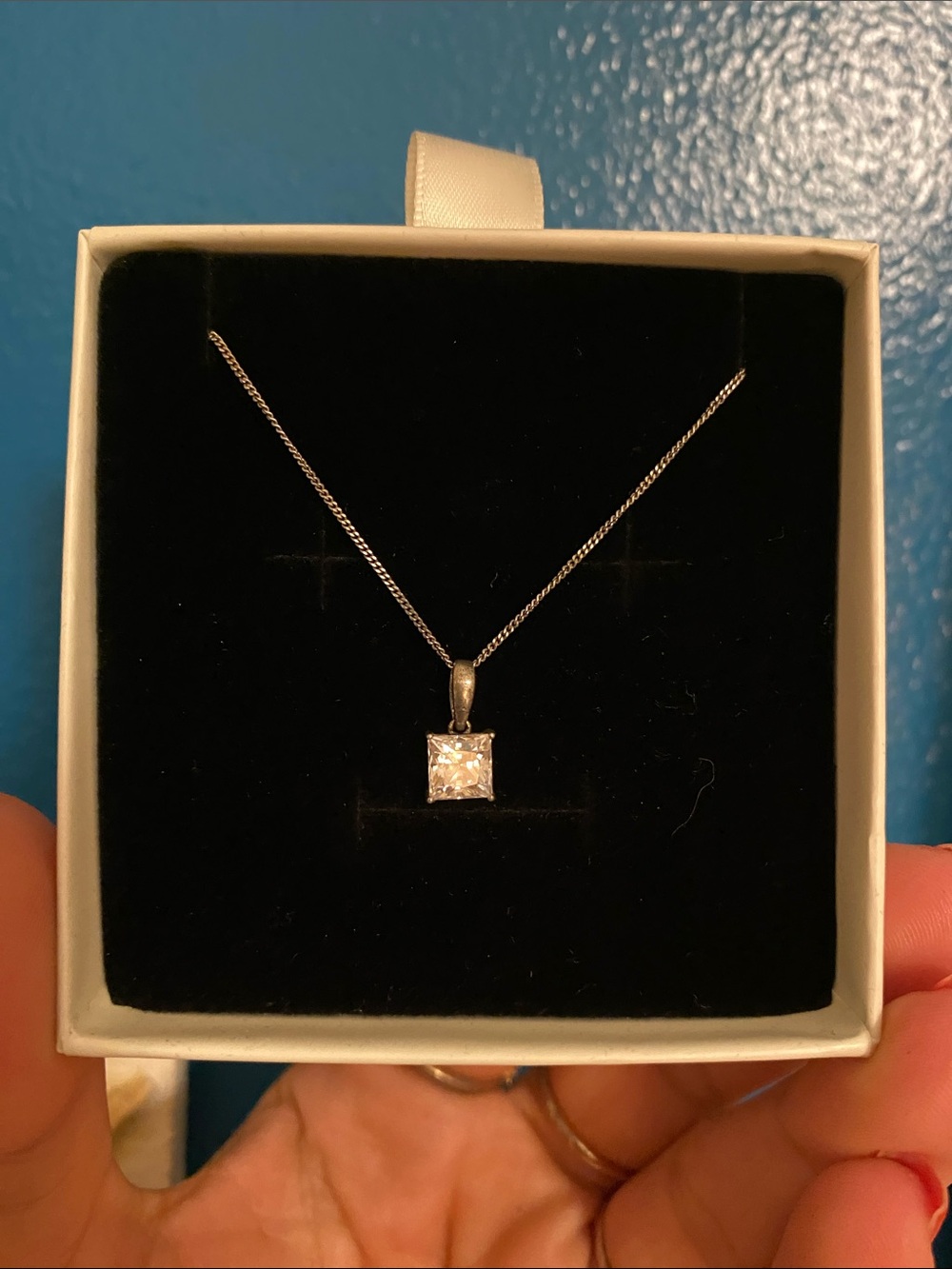 925 Sterling Silver Square CZ Pendant Necklace - White
